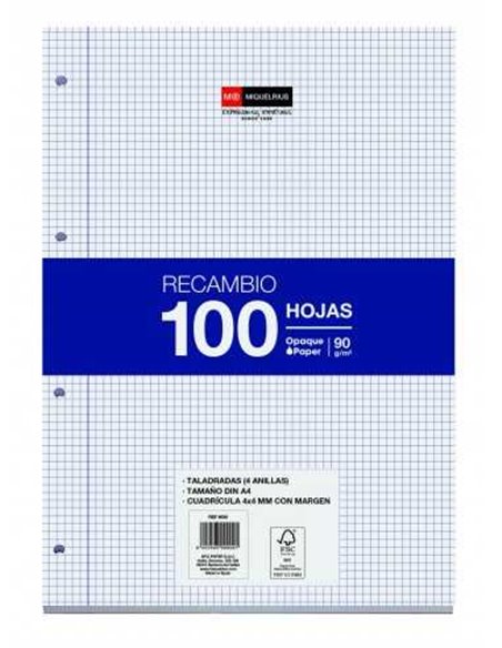 Recharge Miquel Rius format A4 - 100 feuilles volantes de 90 g avec 4 trous - Grille 4x4 avec marge