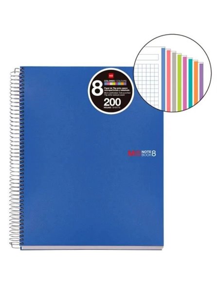 Cahier Miquel Rius Notebook8 à spirales, format A5, 200 feuilles de 70 g microperforées à 4 trous, couverture en polypropylène, 