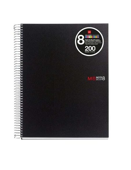 Cahier Miquel Rius Notebook8 à spirales, format A5, 200 feuilles de 70 g microperforées à 4 trous, couverture en polypropylène, 