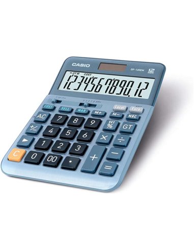 Calculatrice de bureau Casio DF-120EM - Écran extra-large à 12 chiffres - Fonctionne à l'énergie solaire et à piles - Bleu