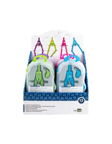COMPAS LIDERPAPEL MICROMÉTRIQUE ARTICULÉ 2 BRANCHES ADAPTATEUR CIRCONFÉRENCE 32CM LONGUEUR 17CM MINES 2MM ÉTUI PLASTIQUE