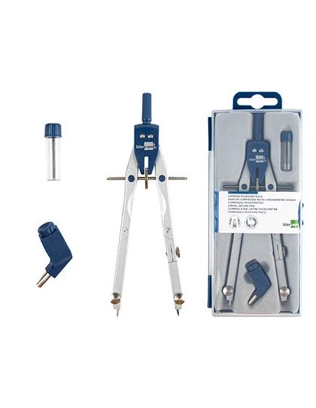COMPAS LIDERPAPEL MICROMÉTRIQUE ARTICULÉ 2 BRANCHES CIRCONFÉRENCE 38CM LONGUEUR 17CM BAGUE MINES 2MM ÉTUI