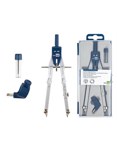 COMPAS LIDERPAPEL MICROMÉTRIQUE ARTICULÉ 2 BRANCHES CIRCONFÉRENCE 38CM TOUCHE RÉGLAGE RAPIDE BAGUE MINE 2MM ÉTUI