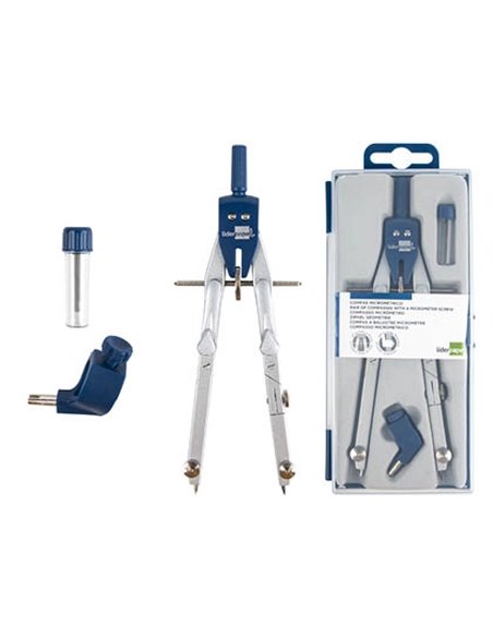 COMPAS LIDERPAPEL MICROMÉTRIQUE ARTICULÉ 2 BRANCHES CIRCONFÉRENCE 38CM TOUCHE RÉGLAGE RAPIDE BAGUE MINE 2MM ÉTUI