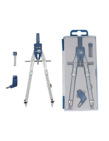 COMPAS LIDERPAPEL MICROMÉTRIQUE ARTICULÉ 2 BRANCHES CIRCONFÉRENCE 38CM TOUCHE RÉGLAGE RAPIDE BAGUE MINE 2MM ÉTUI