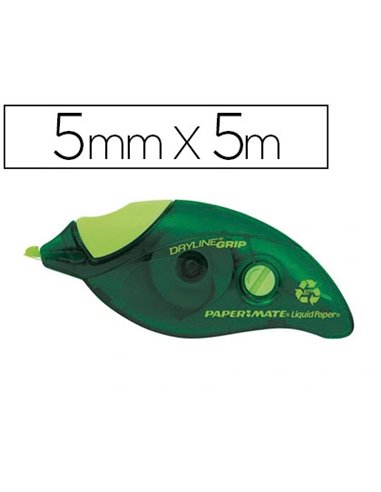 CORRECTEUR PAPER MATE DRYLINE GRIP RECYCLÉ DÉVIDOIR ERGONOMIQUE RUBAN 5MMX8.5M APPLICATION FRONTALE RÉÉCRITURE IMMÉDIATE