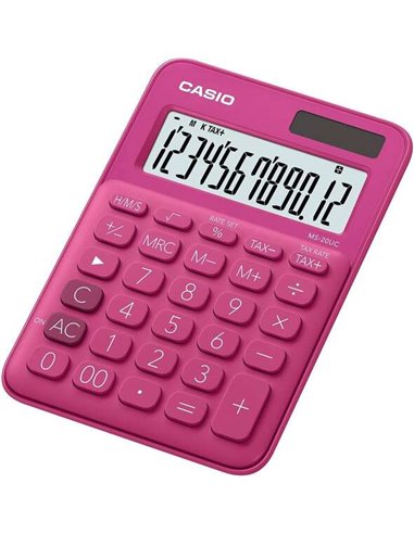 Petite calculatrice de bureau Casio MS-20UC - Écran LCD 12 chiffres - Fonctionne à l'énergie solaire et à piles - Rose fuchsia