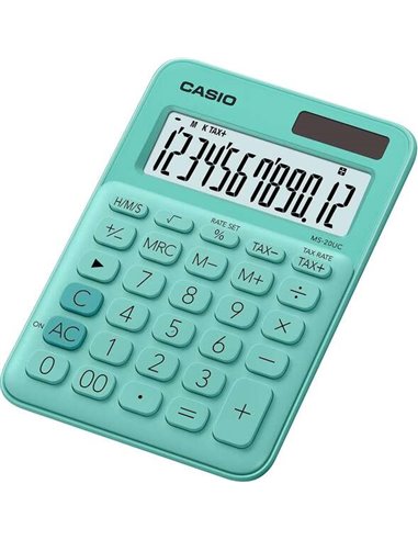 Calculatrice de bureau Casio MS-20UC - Écran LCD 12 chiffres - Fonctionne à l'énergie solaire et à piles - Verte
