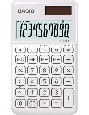 Calculatrice de poche Casio SL-1000SC - Écran extra-large à 10 chiffres - Fonctionne à l'énergie solaire et à piles - Blanc