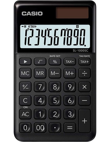 Calculatrice de poche Casio SL-1000SC - Écran extra-large à 10 chiffres - Fonctionne à l'énergie solaire et à piles - Noir