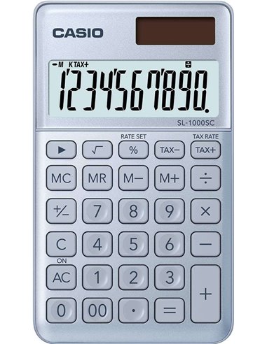 Calculatrice de poche Casio SL-1000SC - Écran extra-large à 10 chiffres - Fonctionne à l'énergie solaire et à piles - Bleue