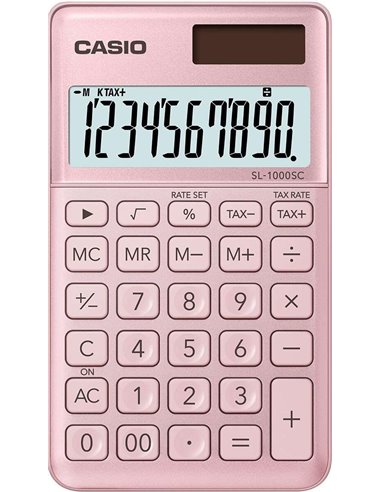 Calculatrice de poche Casio SL-1000SC - Écran extra-large à 10 chiffres - Fonctionne à l'énergie solaire et à piles - Rose