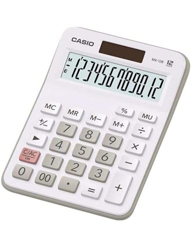Petite calculatrice de bureau Casio MX-12B - Écran LCD 12 chiffres - Fonctionne à l'énergie solaire et à piles - Blanc
