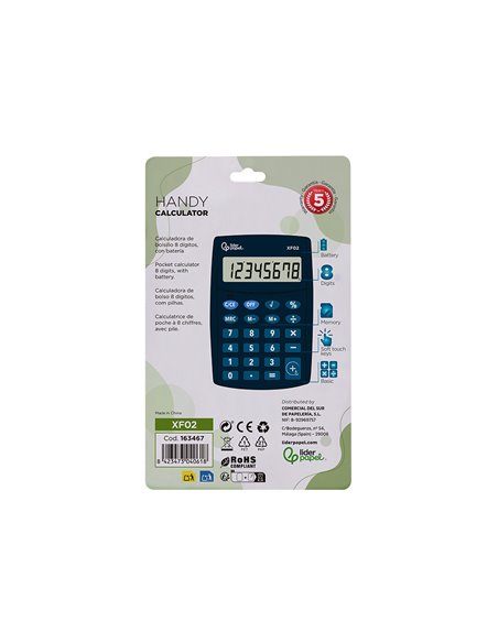 CALCULATRICE DE POCHE LIDERPAPEL XF02 8 CHIFFRES  AVEC PILE 99X64X9 MM COLORIS  BLEU