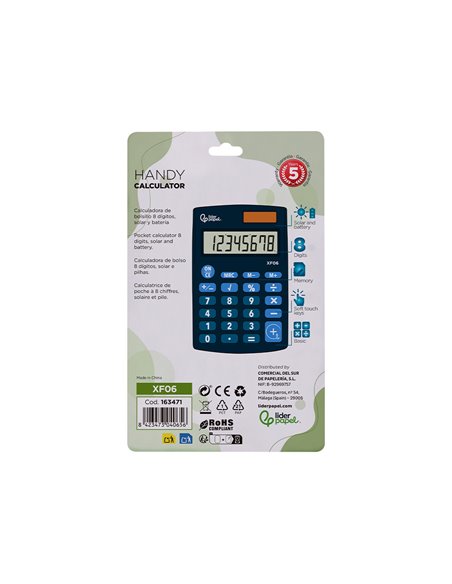 CALCULATRICE DE POCHE XF05 8 CHIFFRES SOLAIRE ET PILES 98X62X8 MM COLORIS BLEU