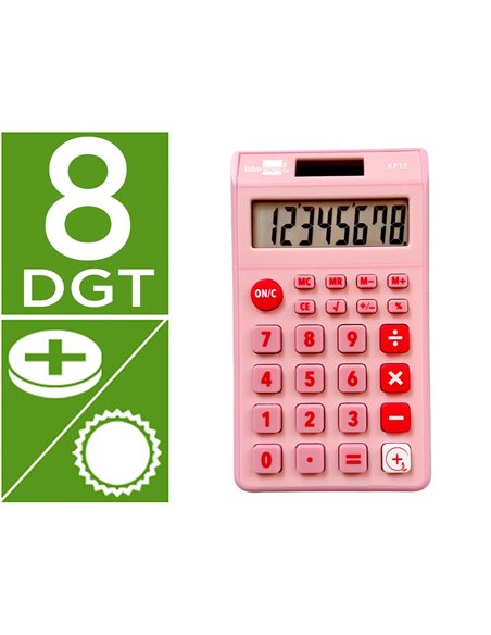 CALCULATRICE DE POCHE LIDERPAPEL XF12 8 CHIFFRES  SOLAIRE ET PILES 115X65X8 MM  COLORIS ROSE