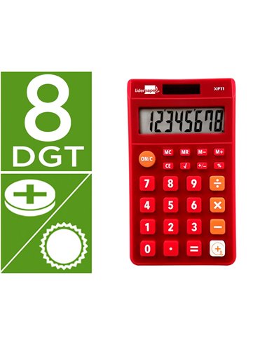CALCULATRICE DE POCHE LIDERPAPEL XF11 8 CHIFFRES  SOLAIRE ET PILES 115X65X8 MM  COLORIS ROUGE