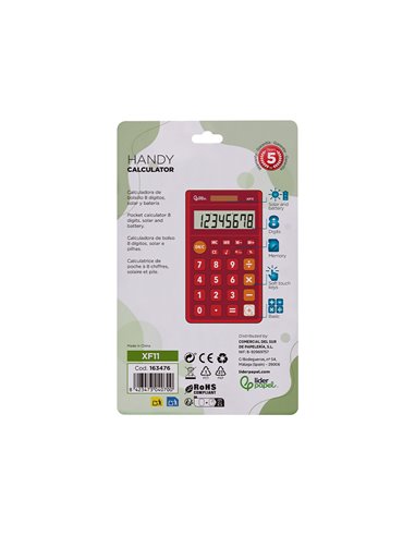 CALCULATRICE DE POCHE LIDERPAPEL XF11 8 CHIFFRES  SOLAIRE ET PILES 115X65X8 MM  COLORIS ROUGE