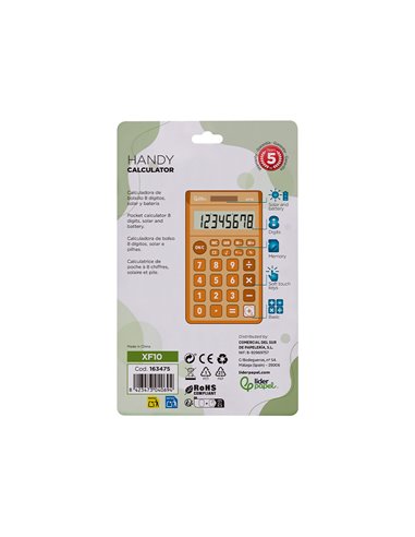 CALCULATRICE DE POCHE LIDERPAPEL XF10 8 CHIFFRES  SOLAIRE ET PILES 115X65X8 MM  COLORIS ORANGE