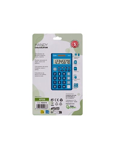 CALCULATRICE DE POCHE LIDERPAPEL XF09 8 CHIFFRES  SOLAIRE ET PILES 115X65X8 MM  COLORIS BLEU