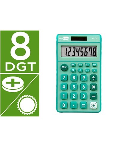 CALCULATRICE DE POCHE LIDERPAPEL XF13 8 CHIFFRES  SOLAIRE ET PILES 115X65X8 MM  COLORIS VERT