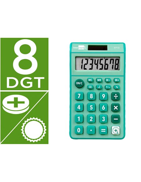 CALCULATRICE DE POCHE LIDERPAPEL XF13 8 CHIFFRES  SOLAIRE ET PILES 115X65X8 MM  COLORIS VERT