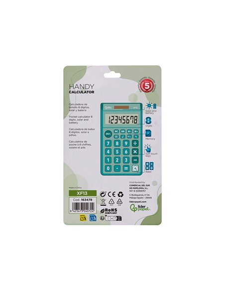 CALCULATRICE DE POCHE LIDERPAPEL XF13 8 CHIFFRES  SOLAIRE ET PILES 115X65X8 MM  COLORIS VERT