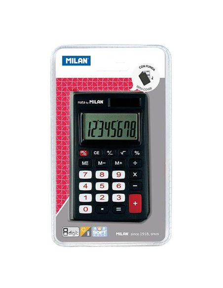 Calculatrice de poche Milan à 8 chiffres – 3 touches de mémoire et racine carrée – Arrêt automatique – Étui inclus – Noir