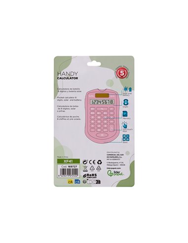 CALCULATRICE DE POCHE LIDERPAPEL XF41 8 CHIFFRES  SOLAIRE ET PILES 94X59,5X10,5MM COLORIS ROSE