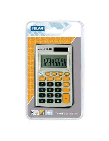Calculatrice de poche Milan à 8 chiffres – 3 touches de mémoire et racine carrée – Arrêt automatique – Étui inclus – Gris et ora