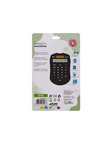 CALCULATRICE DE POCHE LIDERPAPEL XF43 8 CHIFFRES  SOLAIRE ET PILES 94X59,5X10,5MM COLORIS NOIR