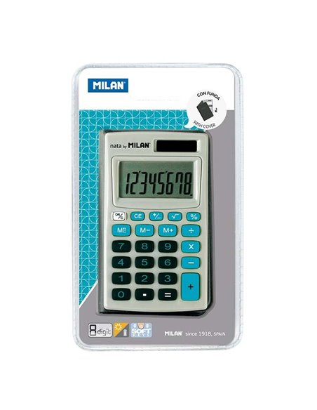 Calculatrice de poche Milan à 8 chiffres – 3 touches de mémoire et racine carrée – Arrêt automatique – Étui inclus – Gris et ble