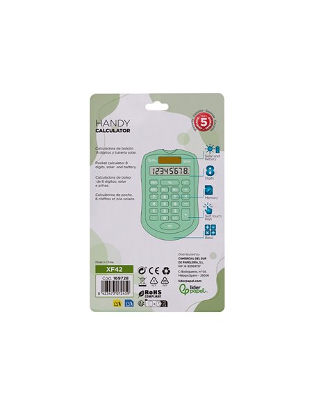 CALCULATRICE DE POCHE LIDERPAPEL XF42 8 CHIFFRES  SOLAIRE ET PILES 94X59,5X10,5MM COLORIS VERT