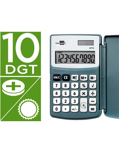 CALCULATRICE LIDERPAPEL DE POCHE XF15 10 CHIFFRES AVEC COUVERCLE SOLAIRE ET PILES  COLORIS GRIS 123X75X12 MM