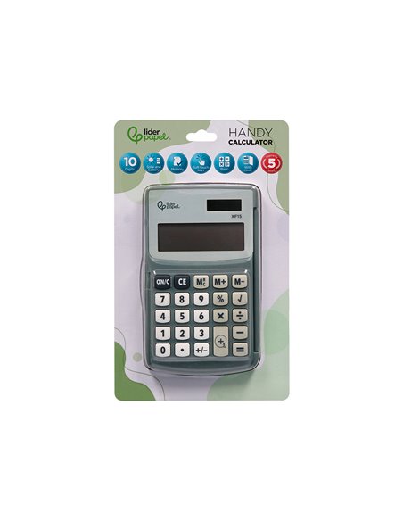 CALCULATRICE LIDERPAPEL DE POCHE XF15 10 CHIFFRES AVEC COUVERCLE SOLAIRE ET PILES  COLORIS GRIS 123X75X12 MM