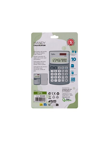 CALCULATRICE LIDERPAPEL DE POCHE XF15 10 CHIFFRES AVEC COUVERCLE SOLAIRE ET PILES  COLORIS GRIS 123X75X12 MM