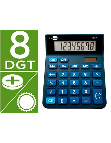 CALCULATRICE DE BUREAU LIDERPAPEL XF17 8 CHIFFRES  SOLAIRE ET PILES 127X105X24 MM COLORIS BLEU