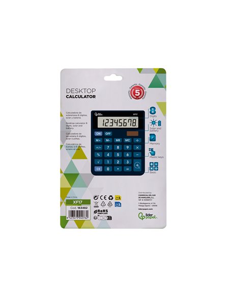 CALCULATRICE DE BUREAU LIDERPAPEL XF17 8 CHIFFRES  SOLAIRE ET PILES 127X105X24 MM COLORIS BLEU