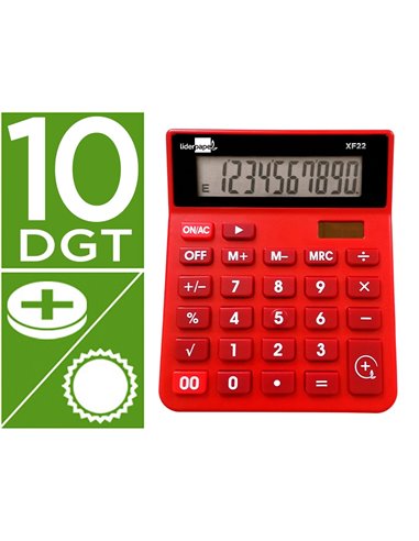 CALCULATRICE DE BUREAU LIDERPAPEL XF22 10 CHIFFRES SOLAIRE ET PILES 127X105X24 MM COLORIS ROUGE