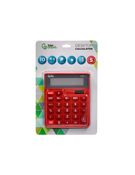 CALCULATRICE DE BUREAU LIDERPAPEL XF22 10 CHIFFRES SOLAIRE ET PILES 127X105X24 MM COLORIS ROUGE