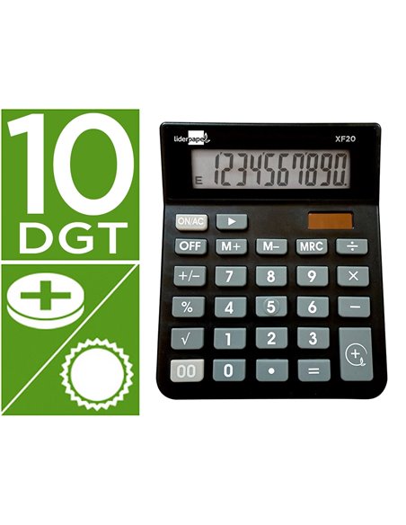 CALCULATRICE DE BUREAU LIDERPAPEL XF20 10 CHIFFRES SOLAIRE ET PILES 127X105X24 MM COLORIS NOIR