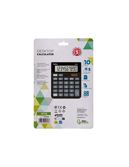 CALCULATRICE DE BUREAU LIDERPAPEL XF20 10 CHIFFRES SOLAIRE ET PILES 127X105X24 MM COLORIS NOIR