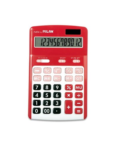 Calculatrices Milan à 12 chiffres - 3 touches de mémoire - Calcul de marge - Racine carrée - Arrêt automatique - Rouge et blanc