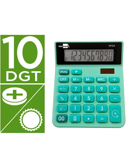 CALCULATRICE DE BUREAU LIDERPAPEL XF24 10 CHIFFRES SOLAIRE ET PILES 127X105X24 MM COLORIS VERT