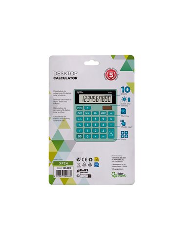 CALCULATRICE DE BUREAU LIDERPAPEL XF24 10 CHIFFRES SOLAIRE ET PILES 127X105X24 MM COLORIS VERT