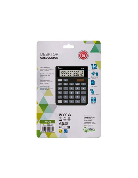 CALCULATRICE DE BUREAU LIDERPAPEL XF26 12 CHIFFRES SOLAIRE ET PILES 127X105X24 MM COLORIS NOIR