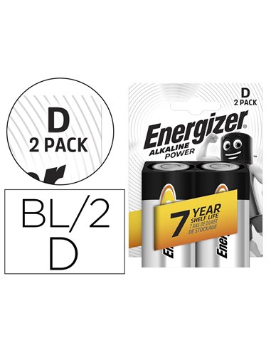 PILE ENERGIZER ALCALINE POWER I.C.E. LR20 TAILLE D BLISTER 2 UNITÉS