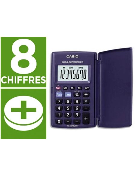 CALCULATRICE CASIO POCHE HL820 VER 8 CHIFFRES COUVERCLE RIGIDE ROTATION 360 DEGRÉS MÉMOIRE PILE 62.5X104X10MM 45G