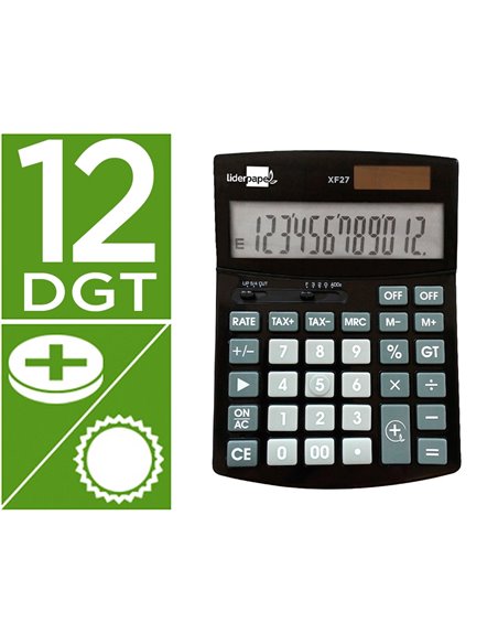 CALCULATRICE DE BUREAU LIDERPAPEL XF27 12 CHIFFRES TAXES SOLAIRE ET PILES  COLORIS NOIR 155X115X25 MM