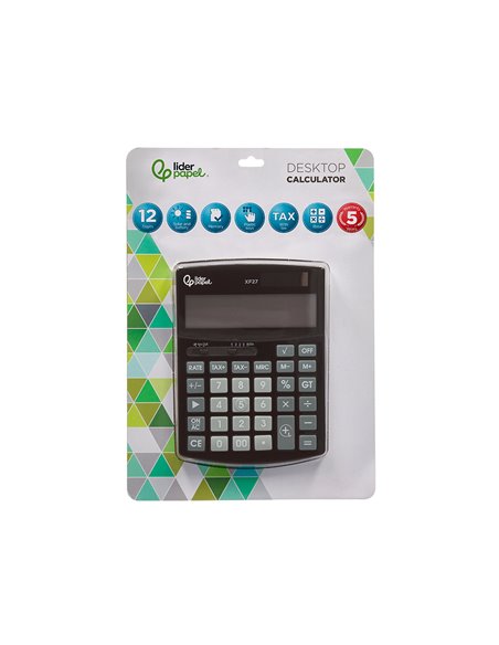 CALCULATRICE DE BUREAU LIDERPAPEL XF27 12 CHIFFRES TAXES SOLAIRE ET PILES  COLORIS NOIR 155X115X25 MM